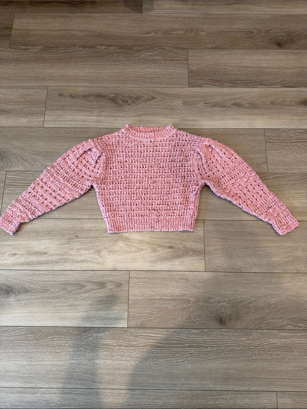 Pink Women Cropped Knit Sweater with Puff Sleeves